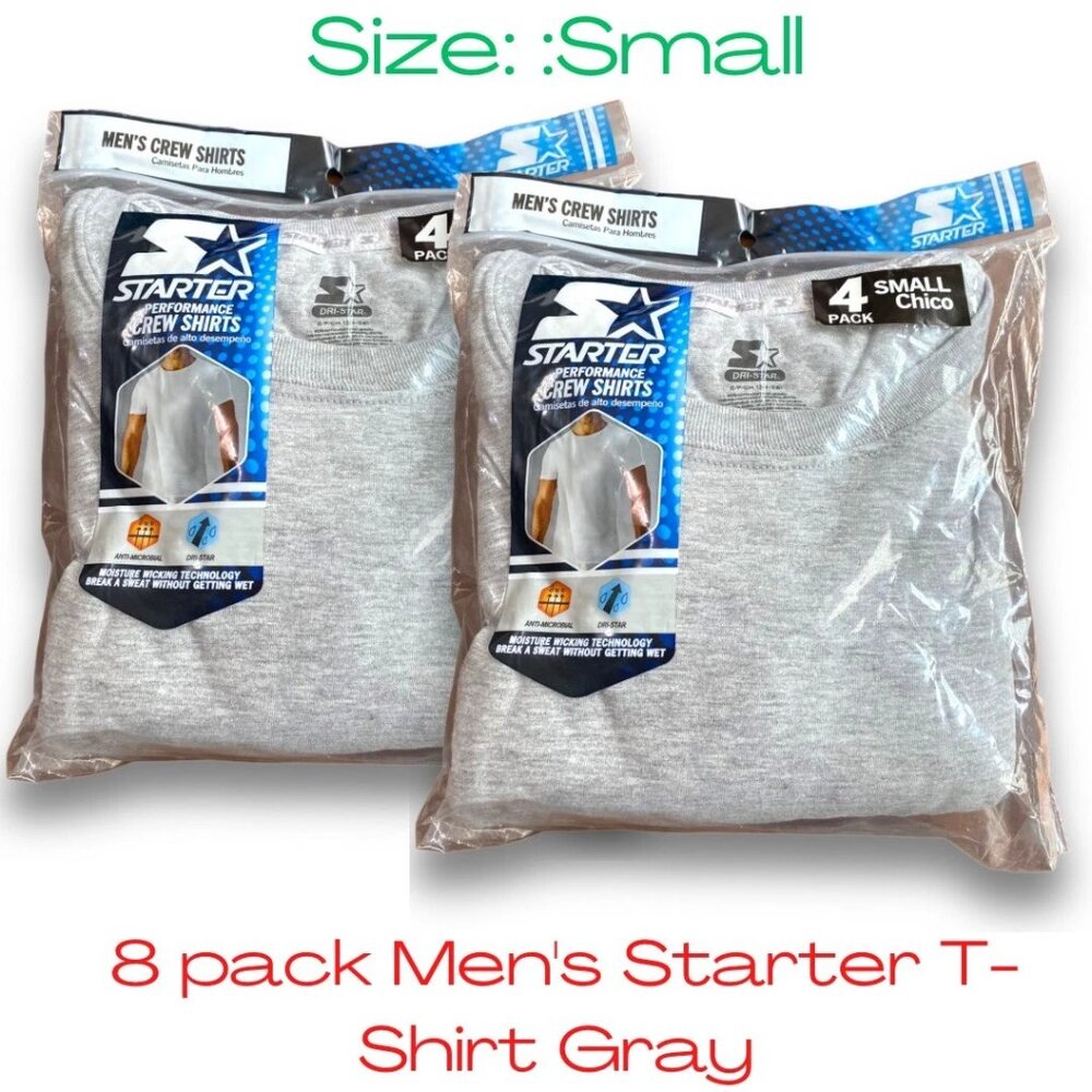 Starter Mens Crew Shirts Performance 8 Pack Size Small Gray